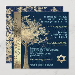 Convite Árvore da vida Dourada e Bar Azul Mitzvah