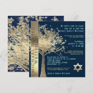 Convite Árvore da vida Dourada e Bar Azul Mitzvah