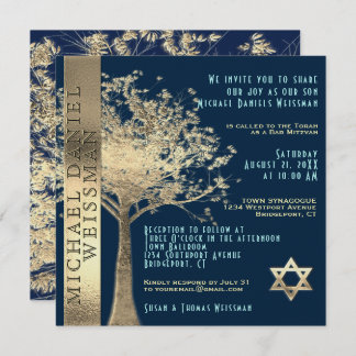 Convite Árvore da vida Dourada e Bar Azul Mitzvah