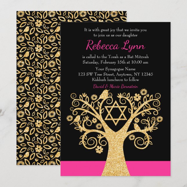 Convite Árvore da Vida Pássaros Rosa Dourado Bat Mitzvah (Frente/Verso)