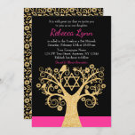 Convite Árvore da Vida Pássaros Rosa Dourado Bat Mitzvah<br><div class="desc">Na moda da árvore da vida dos convites Bat Mitzvah. Este design único apresenta uma falsa árvore de espiral dourada,  flor,  pássaros e a Estrela de David. Designs são ilustrações/gráficos impressos planos - NÃO É UM GELO DOURADO REAL.</div>