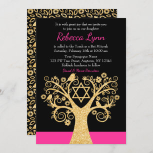 Convite Árvore da Vida Pássaros Rosa Dourado Bat Mitzvah
