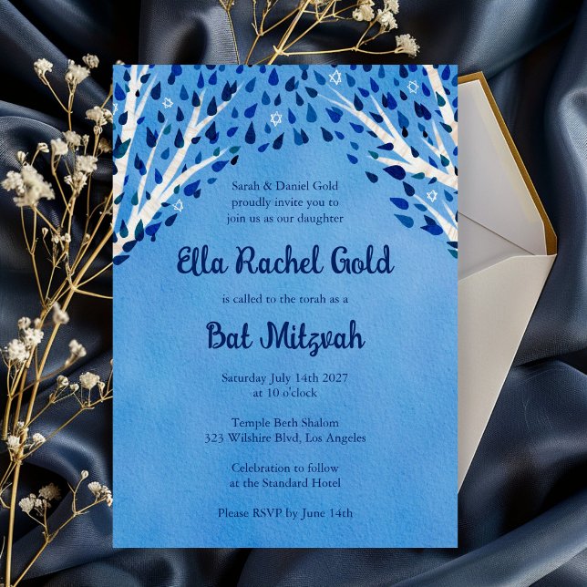 Convite Árvore da Vida Stars Watercolor Bat Bar Mitzvah (Tree of Life Stars Watercolor Bat Bar Mitzvah Invitation Girl Modern Trendy)