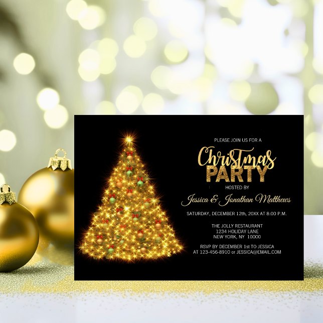 Convite Árvore das Luzes Douradas das Luzes do NATAL (CHRISTMAS PARTY Black Gold Twinkle Lights Tree Invitation)