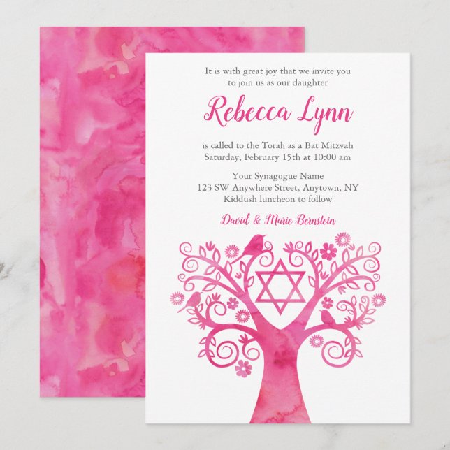 Convite Árvore de Aquarela Rosa da Vida Bat Mitzvah Convid (Frente/Verso)