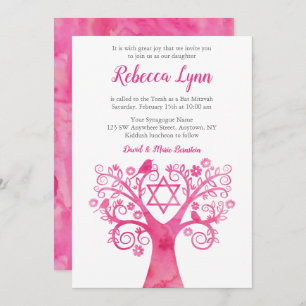 Convite Árvore de Aquarela Rosa da Vida Bat Mitzvah Convid