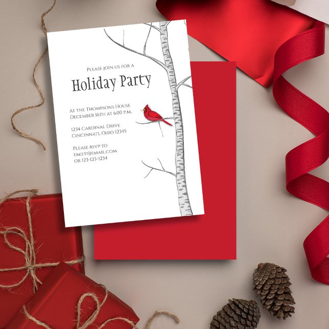 Convite Árvore de Birmanês Cardinal Vermelho de inverno de (Simple Holiday Party invitation with a winter woodland red cardinal bird.)