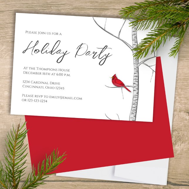 Convite Árvore de Birmanês Cardinal Vermelho de inverno de (Simple Holiday Party invitation with a winter woodland red cardinal bird.)