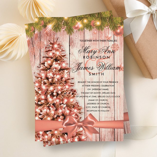 Convite Árvore de Casamento de Natal, Luzes e Faixa de ros (Rose Gold Christmas Wedding Tree, Lights & Ribbon Invitation)