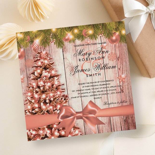 Convite Árvore de Casamento de Natal, Luzes e Faixa de ros (Rose Gold Christmas Wedding Tree, Lights & Ribbon Invitation)