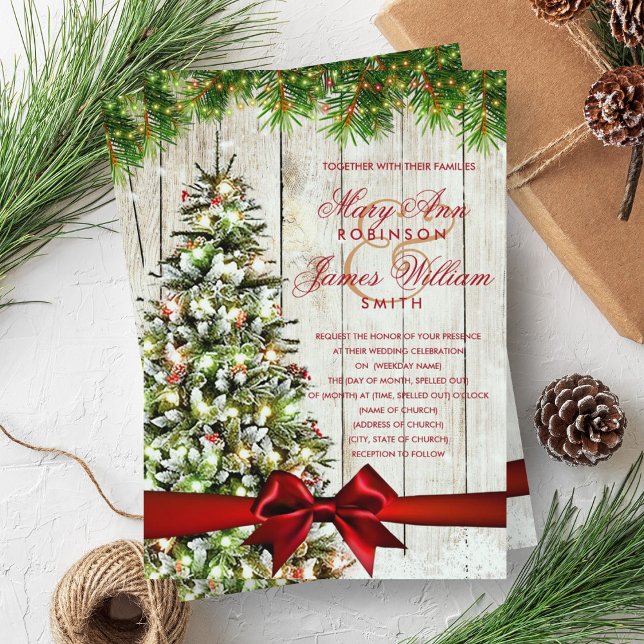 Convite Árvore de Casamento de Natal, Luzes e Fita Vermelh (Christmas Wedding Tree, Lights & Red Ribbon Invitation)