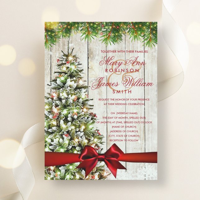 Convite Árvore de Casamento de Natal Russo, Luzes e Fita V (Rustic Christmas Wedding Tree, Lights & Red Ribbon Invitation)