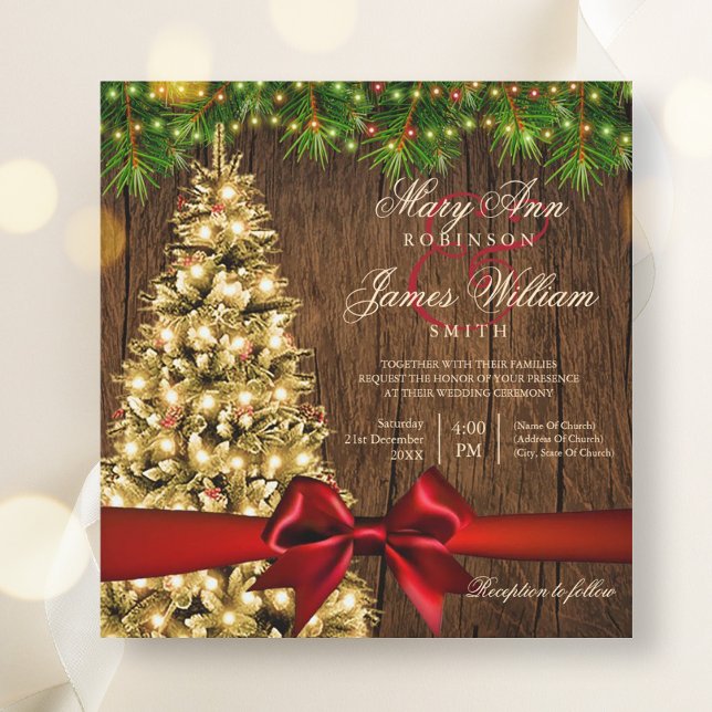 Convite Árvore de Casamento de Natal Russo, Luzes e Fita V (Rustic Christmas Wedding Tree, Lights & Red Ribbon Invitation)