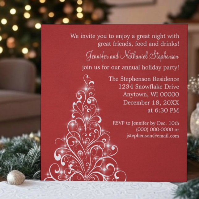 Convite Árvore de Feriado Esparso Convidado, Vermelho Escu (Dark Red Sparkly Holiday Tree Christmas Party Invitation)