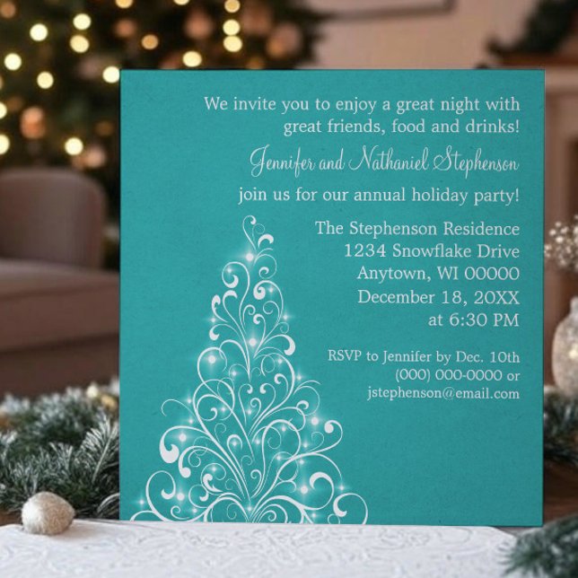 Convite Árvore de Feriado Sparkly Convide, Teal (Teal Sparkly Holiday Tree Christmas Party Invitation)