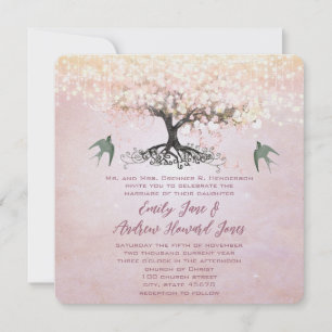 Convite Árvore de Folhas em Coração Rosa e Verde Amor Páss