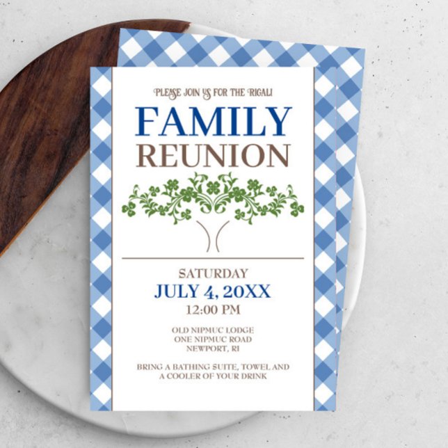 Convite Árvore de Gingham Azul de Reunião Familiar (Family reunion invitations blue gingham with family tree art. )