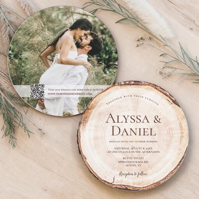 Convite Árvore de Madeira com Foto RSVP Casamento Rústico  (Printed Wood cut slice Rustic wedding with custom photo and QR code wedding website.)