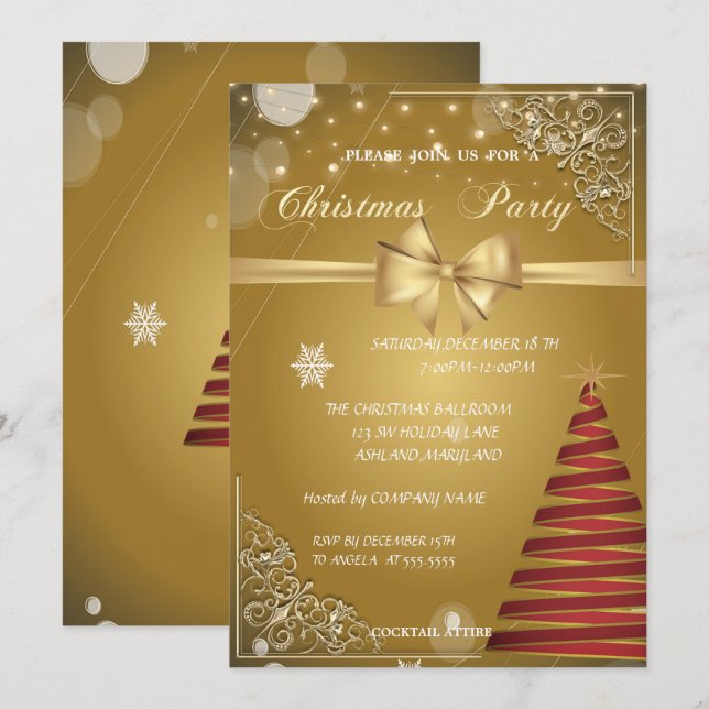Convite Árvore de Natal, Arco Dourado, Festa de Natal Corp (Frente/Verso)
