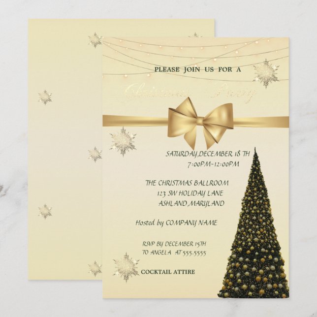 Convite Árvore de Natal, Arco Dourado, Festa de Natal da E (Frente/Verso)