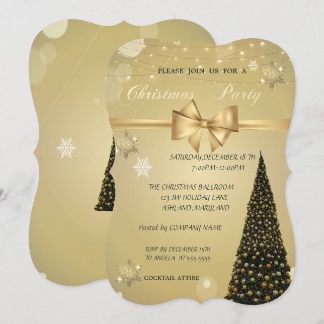 Convite Árvore de Natal, Arco Dourado, Festa de Natal da E (Frente/Verso)