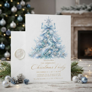 Convite Árvore de Natal azul e dourada elegante de Inverno