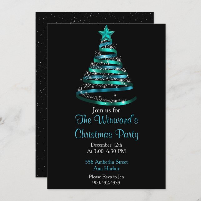 Convite Árvore de Natal Azul Teal (Frente/Verso)