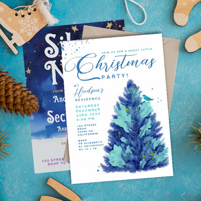 Convite Árvore de Natal Azul Turquesa Moderna Festa de Nat (Criador carregado)