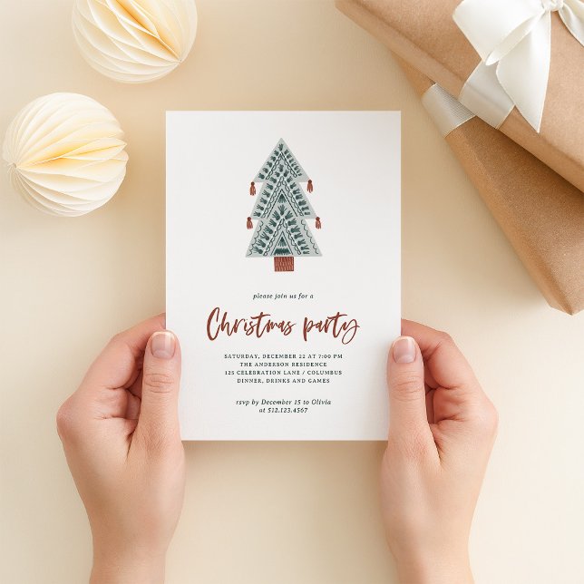 Convite Árvore de Natal Boho | Festa de Natal (A fun and trendy Christmas party invitation with a boho Christmas tree and casual terracotta script)