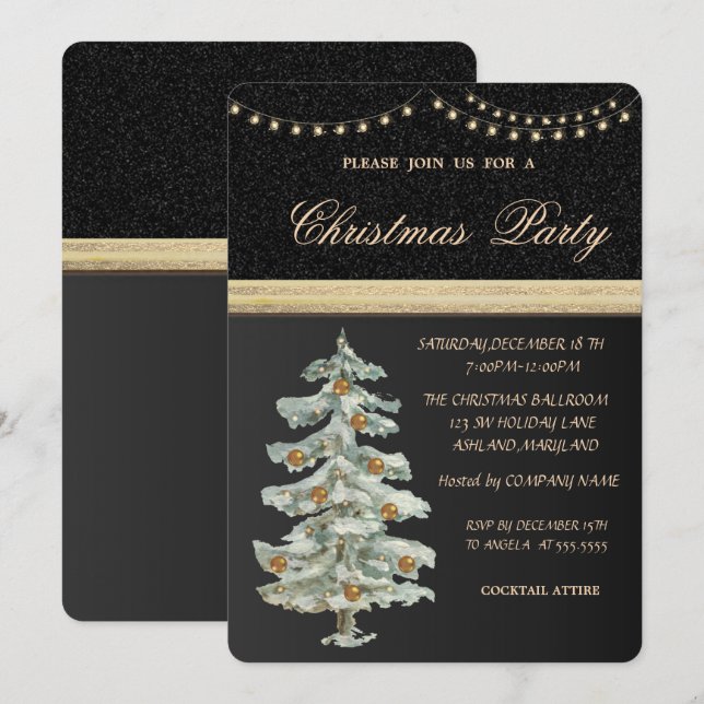 Convite Árvore de Natal, Bolas Douradas, Preto, Festa de N (Frente/Verso)