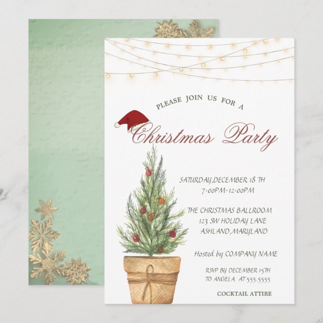 Convite Árvore de Natal Chic, Flocos de Neve Dourados Nata (Frente/Verso)