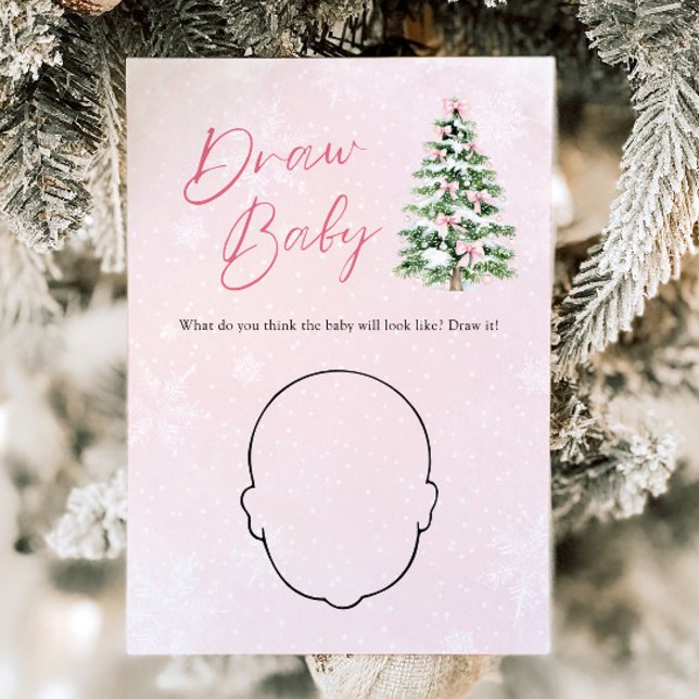 Convite Árvore de Natal com Laço Rosa - Jogo de Desenhar B (Pink Bow Christmas Tree Baby Shower Draw Baby Game)