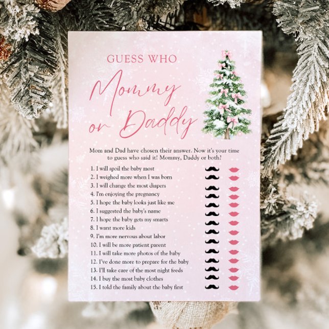 Convite Árvore de Natal com Laços Rosa - Jogo de Adivinhaç (Pink Bows Christmas Tree Guess Who Mom or Dad Game)