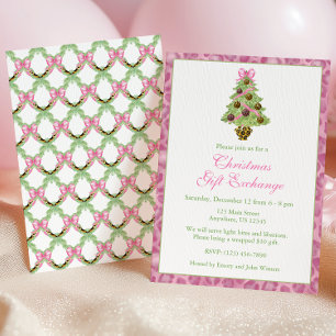 Convite Árvore de Natal de festa com leopardo rosa em aqua