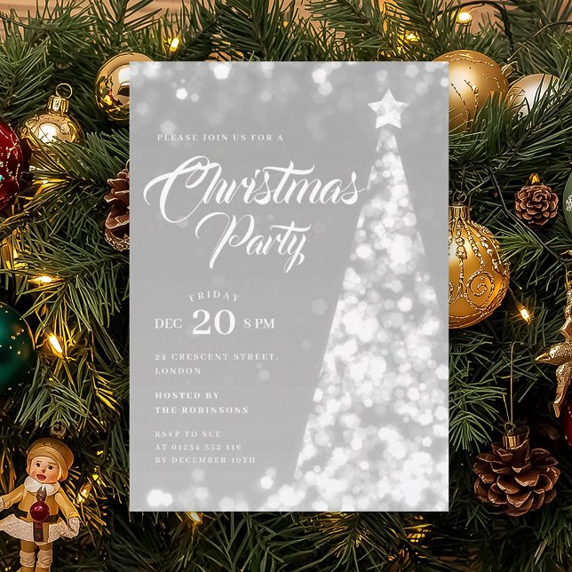 Convite Árvore de Natal de Inverno Prateada Elegante Féria (Elegant Silver Winter Christmas Tree Holiday Invitation)