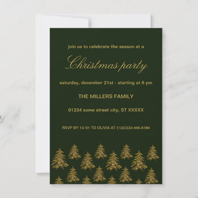 Convite Árvore de Natal de ouro cintilante no Natal verde (Frente)