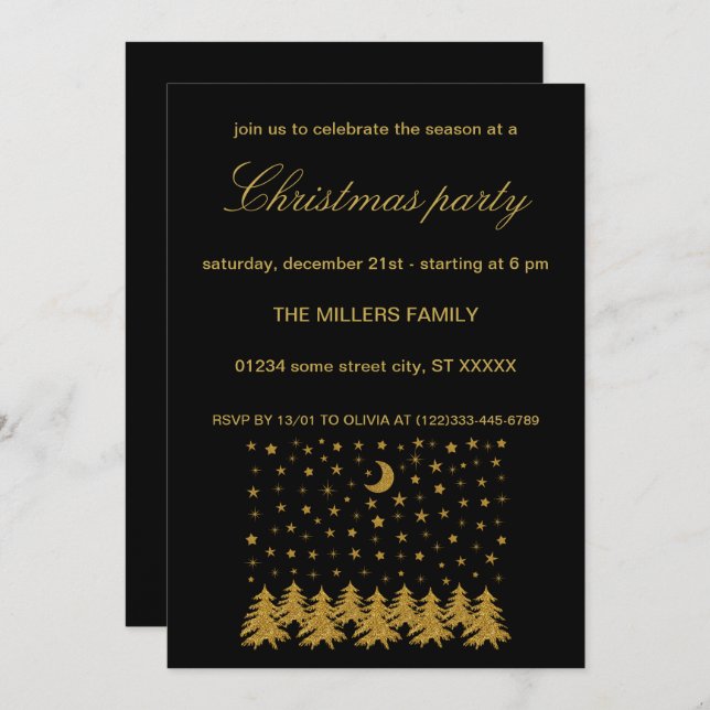 Convite Árvore de Natal de ouro faísca, lua, estrelas em p (Frente/Verso)