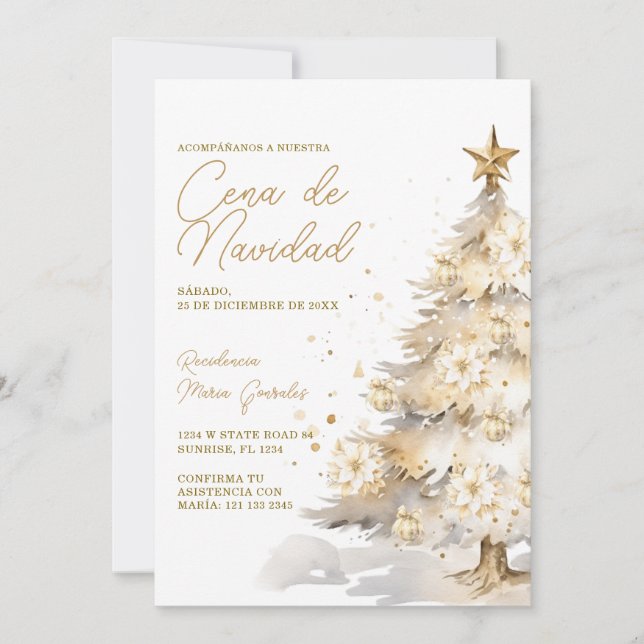 Convite Árvore de Natal Dourada Cena De Navidad Jantar de  (Frente)