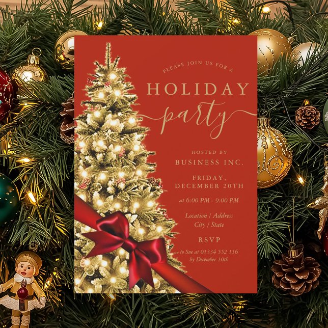 Convite Árvore de Natal Dourada com Laço Vermelho Corporat (Gold Xmas Tree Red Bow Corporate Holiday Red Invitation)