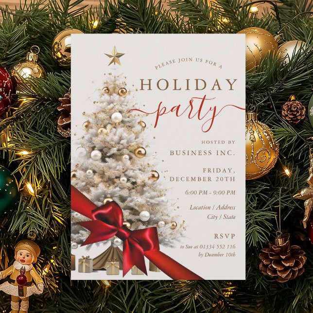 Convite Árvore de Natal Dourada com Laço Vermelho Festa Co (Gold Christmas Tree Red Bow Corporate Holiday Invitation)