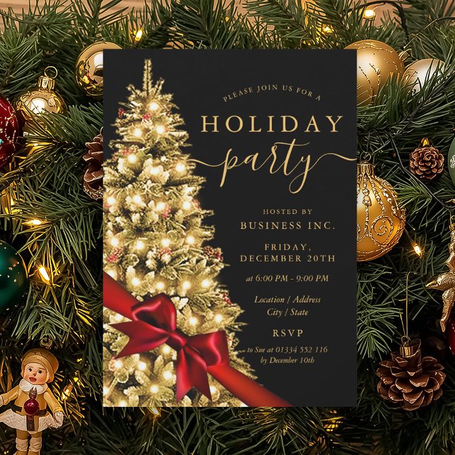 Convite Árvore de Natal Dourada com Laço Vermelho Festa de (Gold Xmas Tree Red Bow Corporate Holiday Party Invitation)