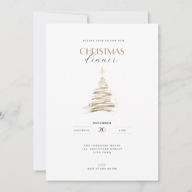 Convite Árvore de Natal dourada desenhada à mão elegante (Frente)