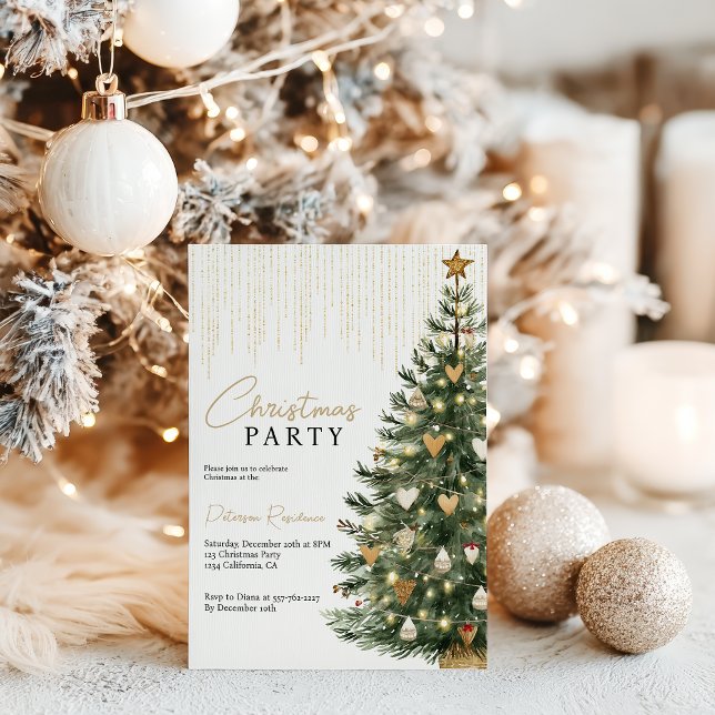 Convite Árvore de Natal Dourada Scandi (Scandi Gold Watercolor Christmas Tree Winter Invitation)
