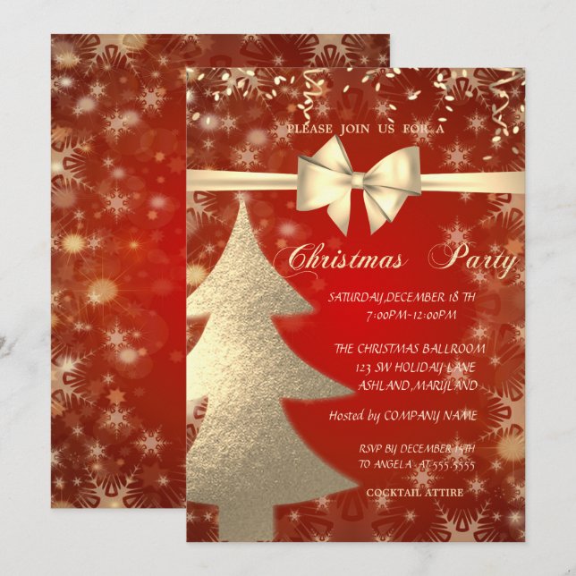 Convite Árvore de Natal Dourada,Vermelho,Convite para Fest (Frente/Verso)