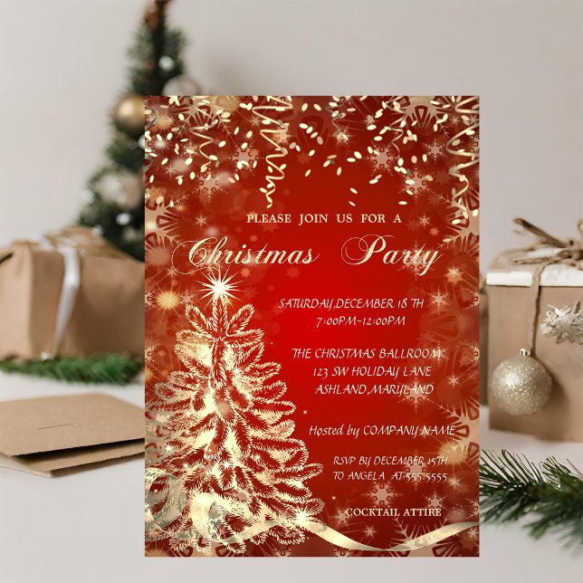 Convite Árvore de Natal Dourada,Vermelho,Convite para Fest (Criador carregado)