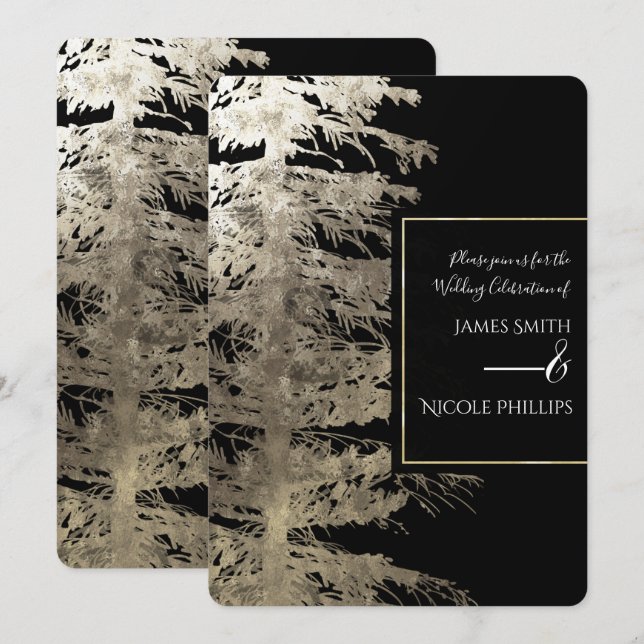 Convite Árvore de Natal Dourado e Preto Glam Floresta Rúst (Frente/Verso)