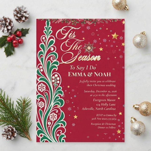 Convite Árvore de Natal, É a Época de Dizer Sim Casamento (Christmas Tree, Tis The Season to Say I Do Wedding Invitation)
