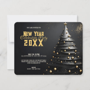 Convite Árvore de Natal e Enfeites Dourados Ano Novo Moder