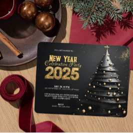 Convite Árvore de Natal e Ornamentos Dourados Ano Novo Mod