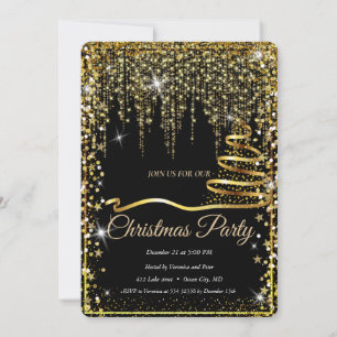 Convite Árvore de Natal Elegante Black - Dourada Sparkle